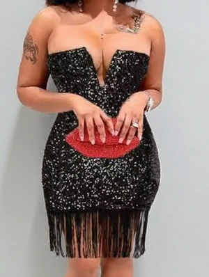 Velour Sequin Fringe Strapless Mini Dress
