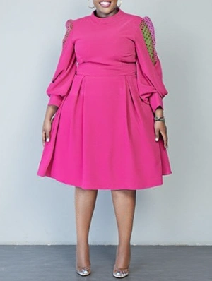 Patchwork See Through Lantern Sleeve Midi Dress