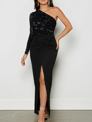 Sequin Ruched One Shoulder Split Hem Maxi Dress