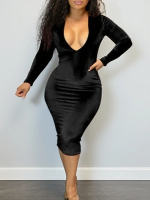 Patchwork V Neck Long Sleeve Midi Dress