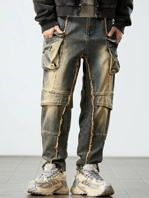 Patchwork Zipper Raged Hem Men's Cargo Jeans