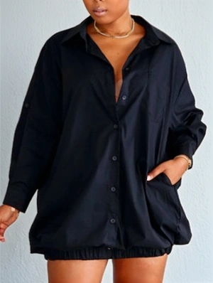 Plain Buckle Collar Long Sleeves Shift Dress