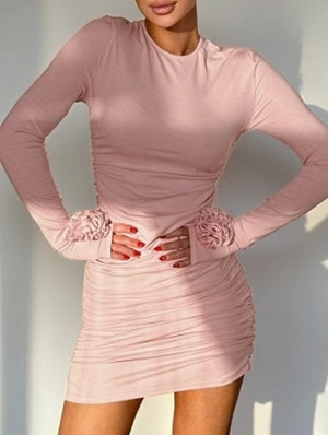 3D Flower Ruched Long Sleeve Fall Dresses