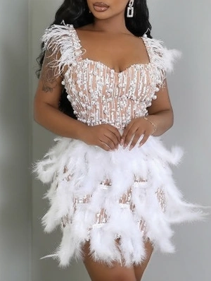 Beading Feather Sleeveless Mini Dress