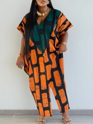 Colorblock V Neck Loose Split Hem Maxi Dress