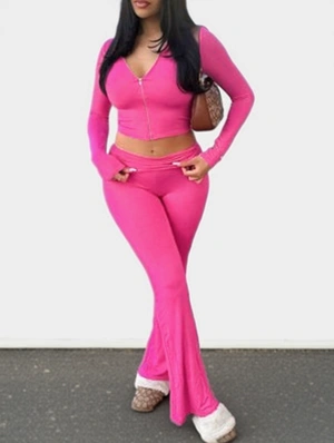 Plain Bare Waist Hooded Flared Pant Sets