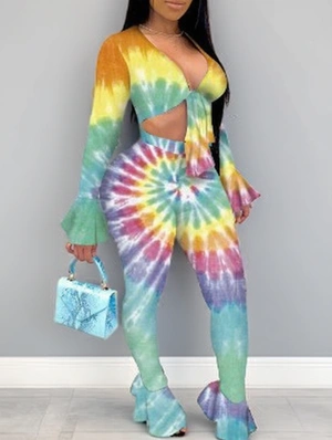 Patchwork V Neck Trumpet Sleeve Pant Sets