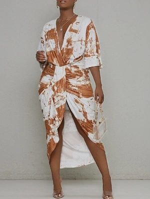 Tie Dye V Neck Ruched Midi Dress