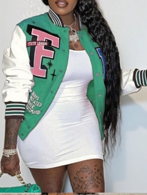 Colorblock Letter Print Striped Trim Baseball Jacket