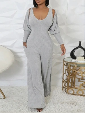 Patchwork Pure Color Wide Leg Jumpsuits Sets