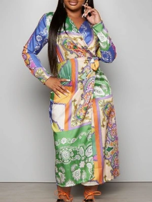 Colorblock Paisley Print V Neck Bandage Dress