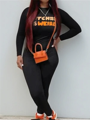 Letter Print Fitted Long Sleeve Jumpsuits