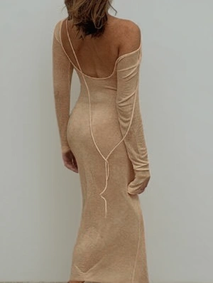 Pure Color Backless Long Sleeve Fall Dress