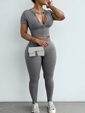 Bodycon Zipper Patchwork Cropped Pant Sets