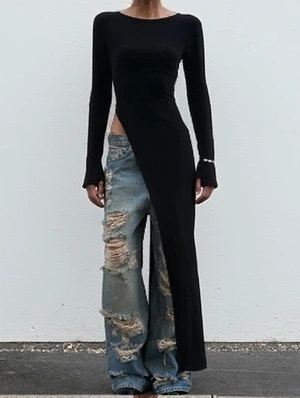 Solid Color Split Hem Long Sleeve Dress