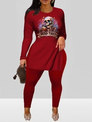 Skull Letter Print Split Hem Tops Pant Sets