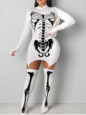 Bone Print Long Sleeves Dress With Stocking