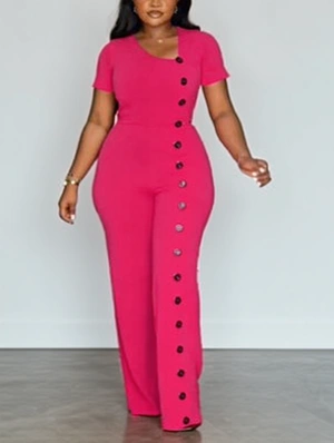 Irregular V Neck Buckle Wide Leg Jumpsuits