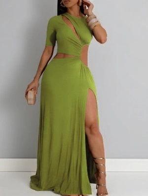 Pure Color Hollow-out Split Hem Short Sleeve Maxi Dress