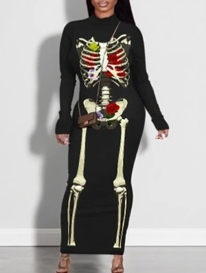 Skull Bone Print Backless Fitted Maxi Dress
