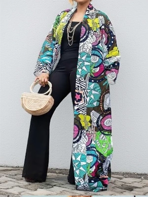 Colorblock Floral Printed Open Neckline Long Coats