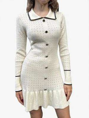 Knitted Lapel Ruffle Hem Button Up Mini Dress