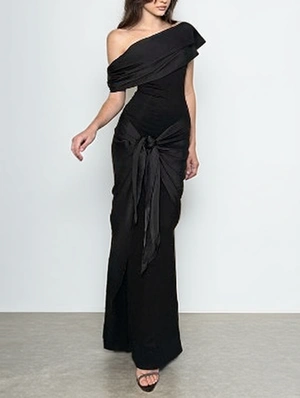 Inclined Shoulder Ribbons Split Hem Dress