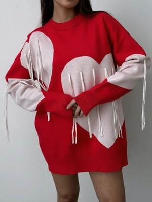 Colorblock Fringe Heart Knitting Baggy Pullover & Sweater