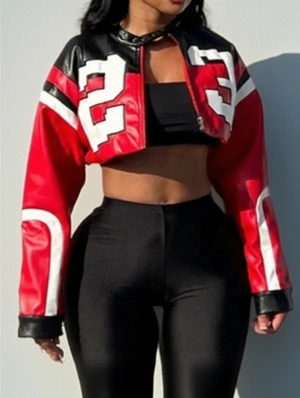 Contrast Color Letter Micro-mini PU Jackets