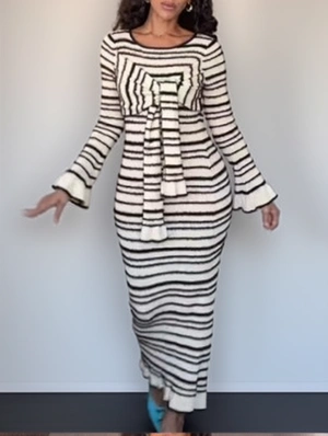 Colorblock Striped Lace Up Trumpet Sleeve Dress