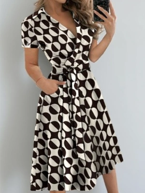 Printed V Neck Short Sleeve Wrap Dress