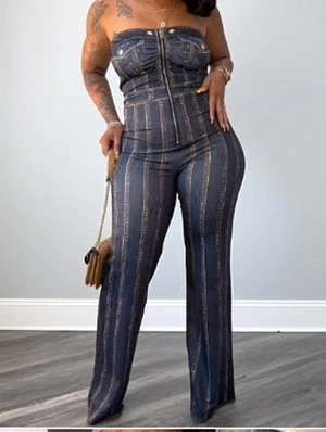Imitation Denim Printed Strapless Wide Leg Jumpsuits