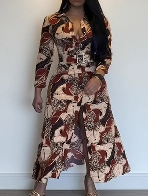 Colorblock Print Side Slit Buckle Shirt Dress