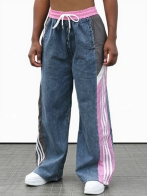 Colorblock Striped Trim Denim Wide Leg Jeans