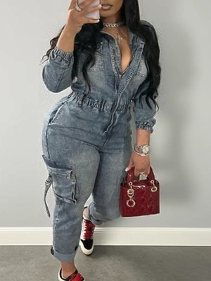 Washed Denim Multi Pocket Cargo Jumpsuits
