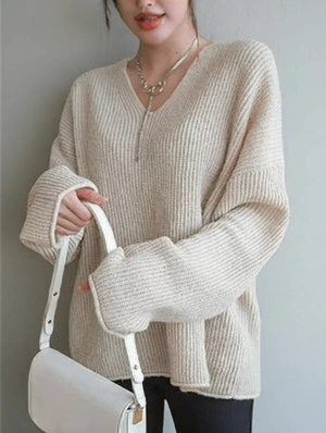 Knitting V Neck Puff Sleeve Loose Sweater