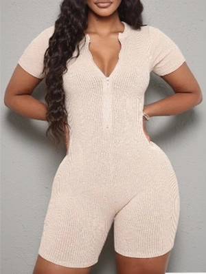 Plain Color Zipper Patchwork Fitted Rompers