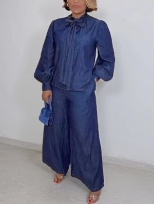 Bandage Lantern Sleeve Shirt Wide Leg Pant Sets