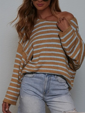 Striped Batwing Sleeve Knitted Raglan Sweater