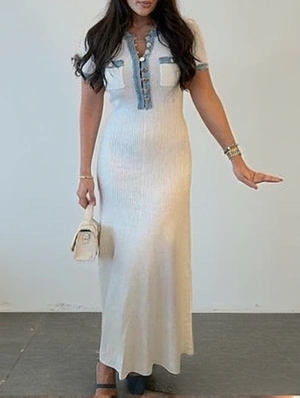 Knitted Denim Buckle Patchwork Maxi Dress