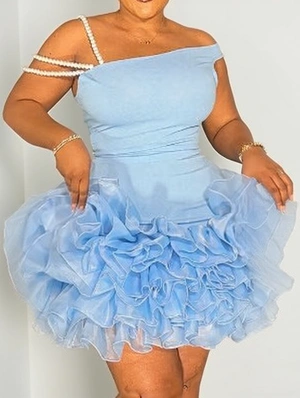 Ruffle Edge Faux Pearl Backless Mini Dress