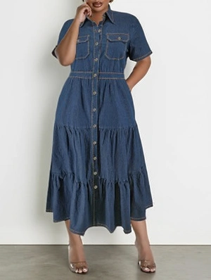 Denim Single Breasted Short Sleeve Dress