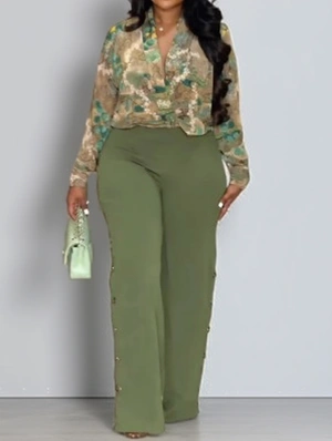 V Neck Print Shirt Buckle Wide Leg Pant Sets