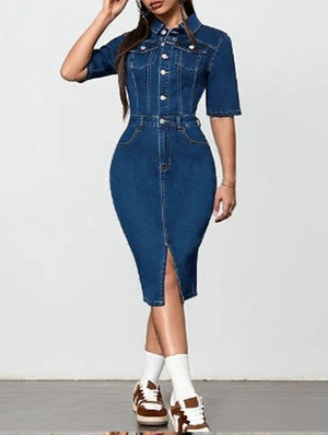 Patchwork Split Hem Denim Midi Dress