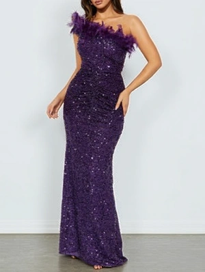 Feather Sequin Inclined Shoulder Maxi Dress