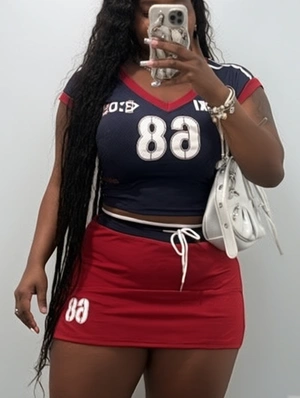 Striped Trim V Neck Jerseys Skirt Sets