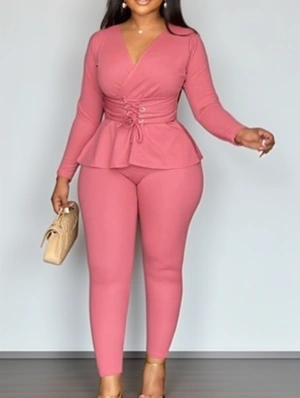 Solid V Neck Lace Up Bodycon Pant Sets