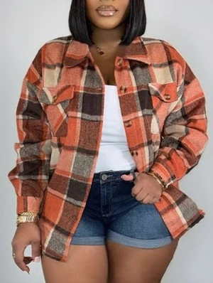 Colorblock Plaid Tweed Shirt Collar Coats