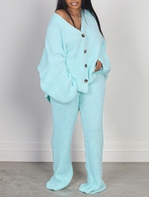 Knit V Neck Cardigan Wide Leg Pant Sets