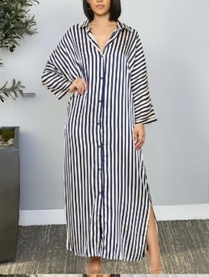 Striped Bracelet Sleeve Lapel Shirt Maxi Dress